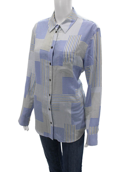 Equipment Femme Women Blue Silk Striped Collared Long Sleeve Button-Up Size M