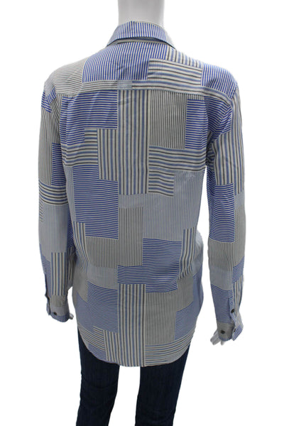 Equipment Femme Women Blue Silk Striped Collared Long Sleeve Button-Up Size M