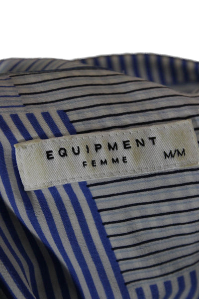 Equipment Femme Women Blue Silk Striped Collared Long Sleeve Button-Up Size M