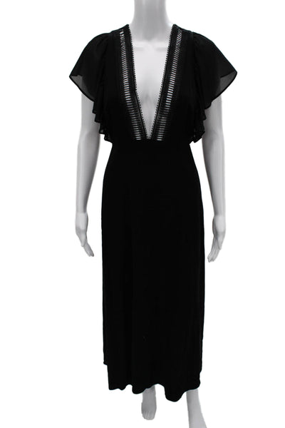 Stone Cold Fox Women Maxi Dress Black V Neck Short Sleeve Midi Zip Size 1