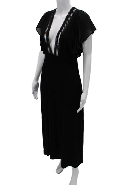 Stone Cold Fox Women Maxi Dress Black V Neck Short Sleeve Midi Zip Size 1
