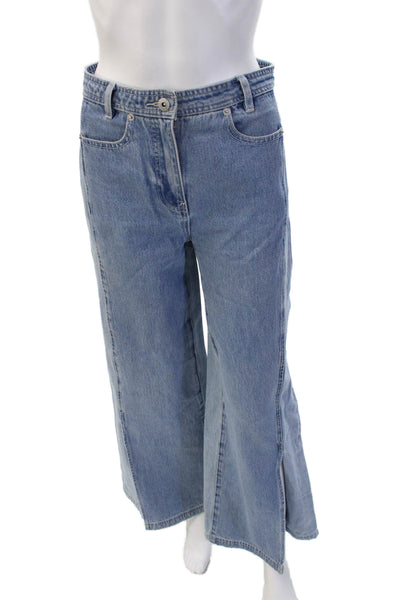 Something Navy Unisex Flared Wide Leg Jeans Lt Blue Hi Rise Cotton Size 28