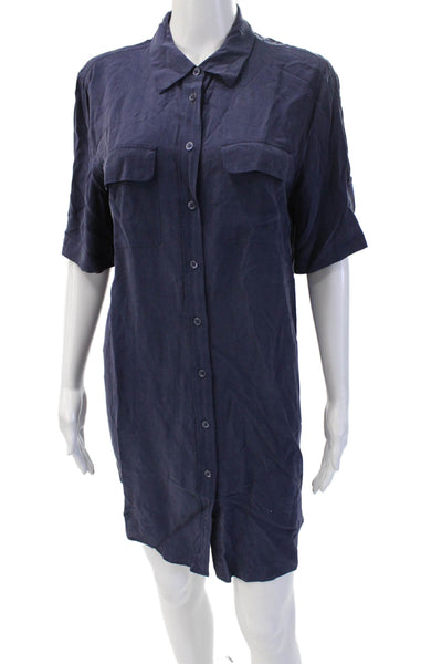 Equipment Femme Women Shirt Dress Dark Blue Silk Button Short Sleeve Size L