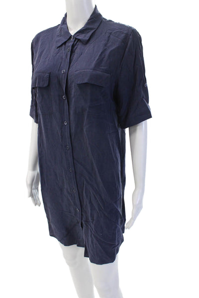 Equipment Femme Women Shirt Dress Dark Blue Silk Button Short Sleeve Size L