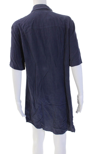 Equipment Femme Women Shirt Dress Dark Blue Silk Button Short Sleeve Size L