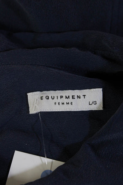 Equipment Femme Women Shirt Dress Dark Blue Silk Button Short Sleeve Size L