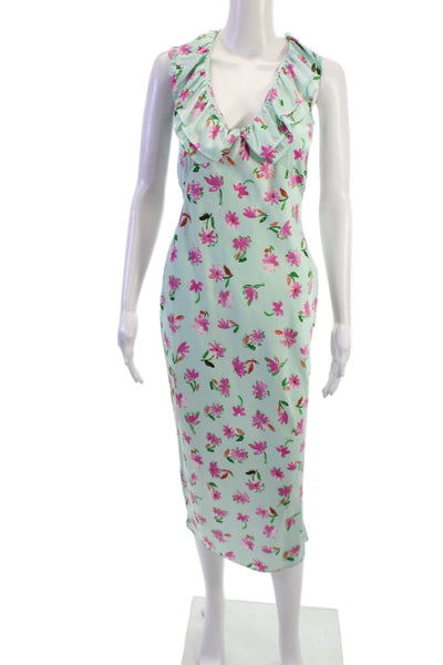 Zara Womens Light Blue Floral Slip Dress V Neck Midi Sleeveless Size XS
