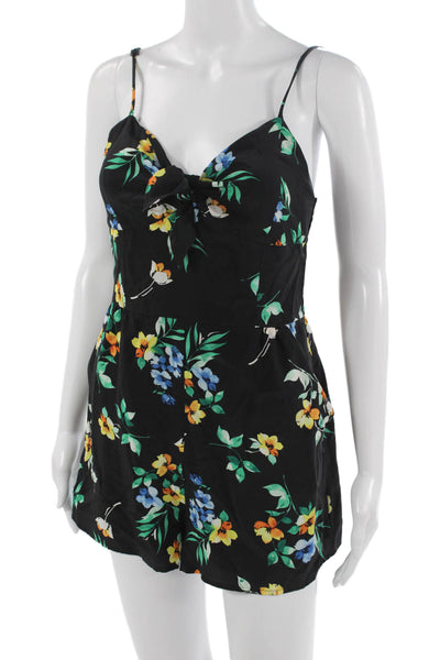 Yumi Kim Womens Black Silk Floral Sleeveless Romper Size M
