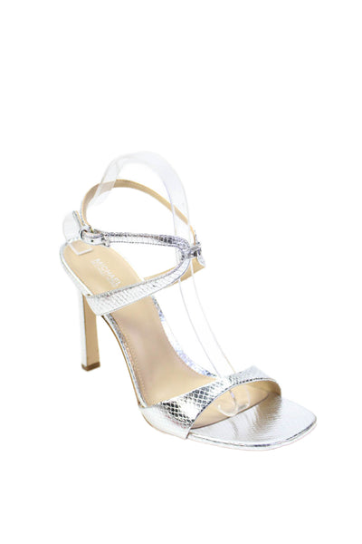 Michael Michael Kors Womens Embossed Ankle Strap Heels Shoes Silver Size 10M