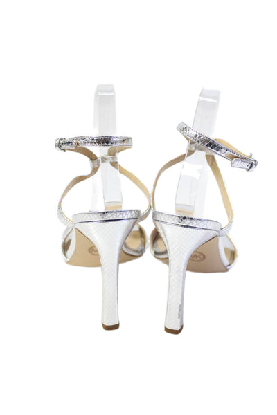 Michael Michael Kors Womens Embossed Ankle Strap Heels Shoes Silver Size 10M