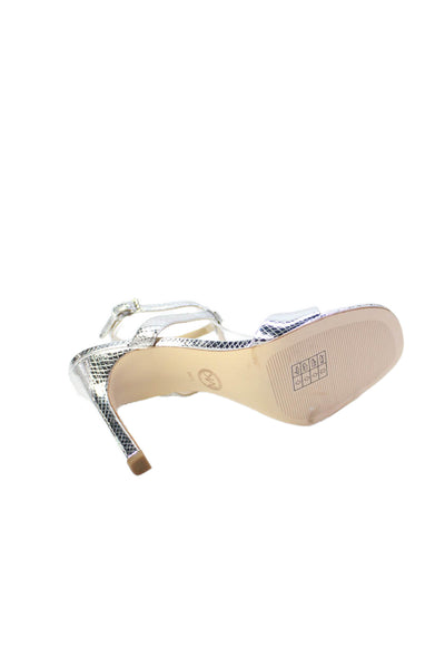 Michael Michael Kors Womens Embossed Ankle Strap Heels Shoes Silver Size 10M