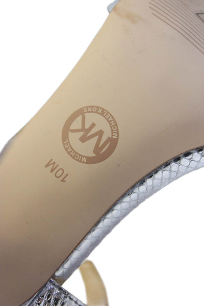 Michael Michael Kors Womens Embossed Ankle Strap Heels Shoes Silver Size 10M
