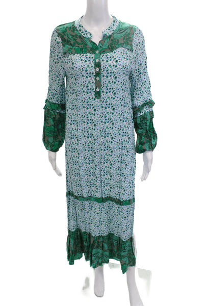 R. Vivimos Women Maxi Shirt Dress Green Floral V-Neck Long Sleeve Size S
