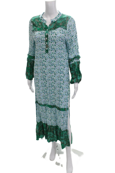 R. Vivimos Women Maxi Shirt Dress Green Floral V-Neck Long Sleeve Size S
