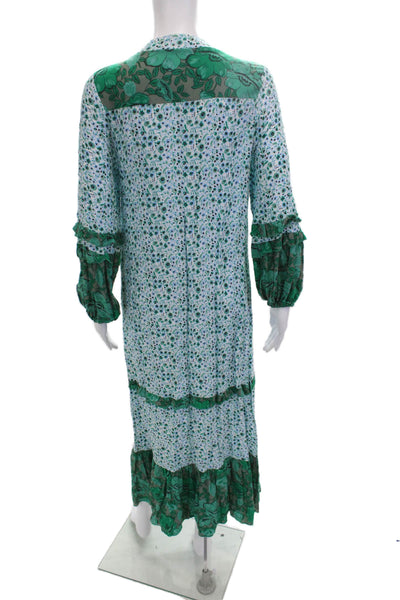 R. Vivimos Women Maxi Shirt Dress Green Floral V-Neck Long Sleeve Size S