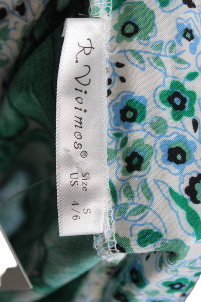 R. Vivimos Women Maxi Shirt Dress Green Floral V-Neck Long Sleeve Size S