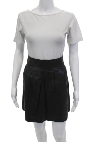 Vince Women Black Leather A-Line Pleated Mini Skirt Short Size 2