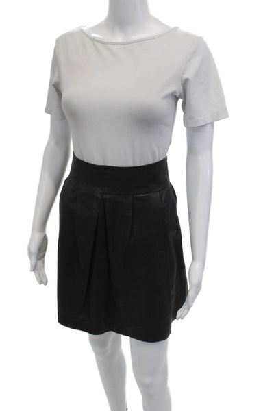Vince Women Black Leather A-Line Pleated Mini Skirt Short Size 2