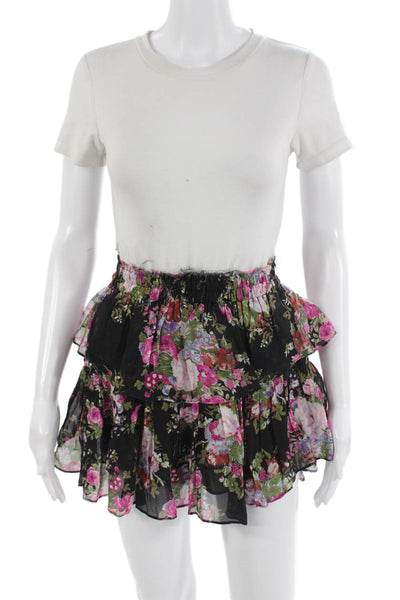 Love Shack Fancy Womens Peasant Mini Skirt Black Floral 100% Viscose Size XS