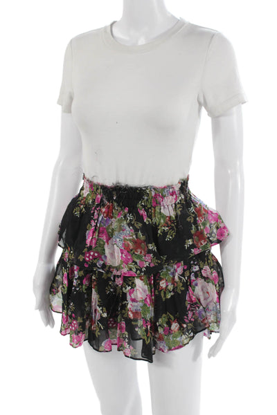 Love Shack Fancy Womens Peasant Mini Skirt Black Floral 100% Viscose Size XS