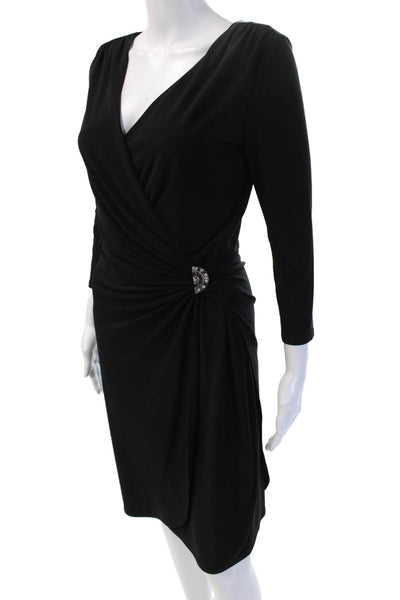 Lauren Ralph Lauren Women Sheath Wrap Dress Black V Neck 3/4 Sleeve Size 6
