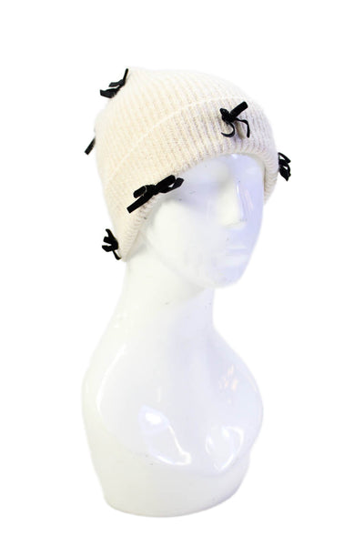 Anthropologie Womens Knit Cuffed Velvet Bow Beanie Hat Beige Black One Size