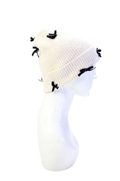 Anthropologie Womens Knit Cuffed Velvet Bow Beanie Hat Beige Black One Size