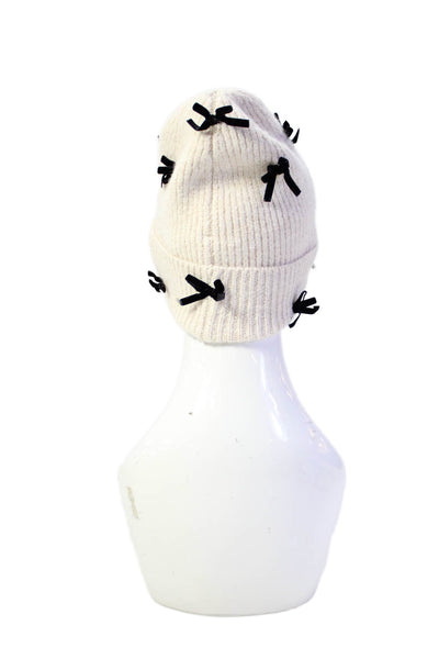 Anthropologie Womens Knit Cuffed Velvet Bow Beanie Hat Beige Black One Size