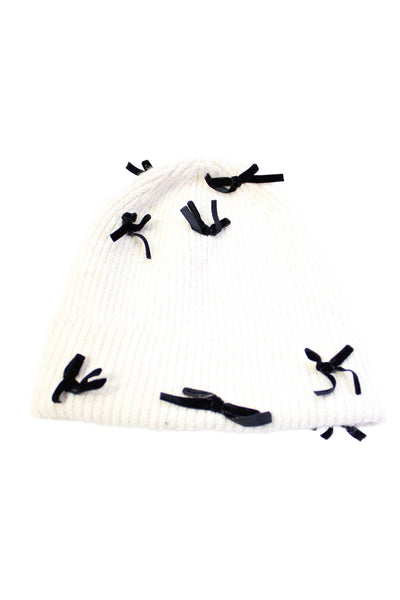 Anthropologie Womens Knit Cuffed Velvet Bow Beanie Hat Beige Black One Size