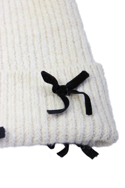 Anthropologie Womens Knit Cuffed Velvet Bow Beanie Hat Beige Black One Size