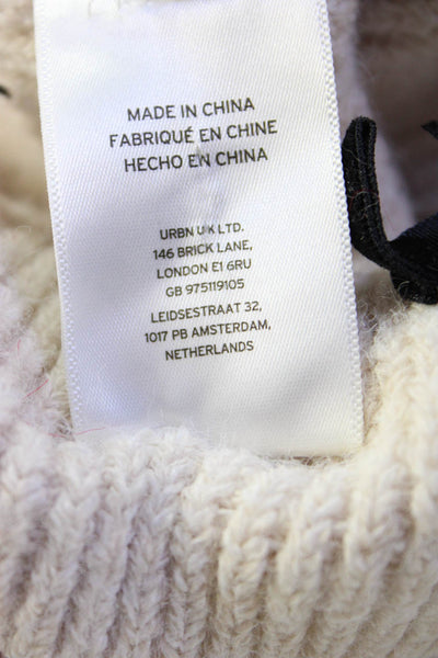 Anthropologie Womens Knit Cuffed Velvet Bow Beanie Hat Beige Black One Size