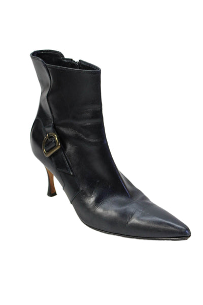 Manolo Blahnik Womens Side Zip Stiletto Pointed Toe Booties Navy Size 38