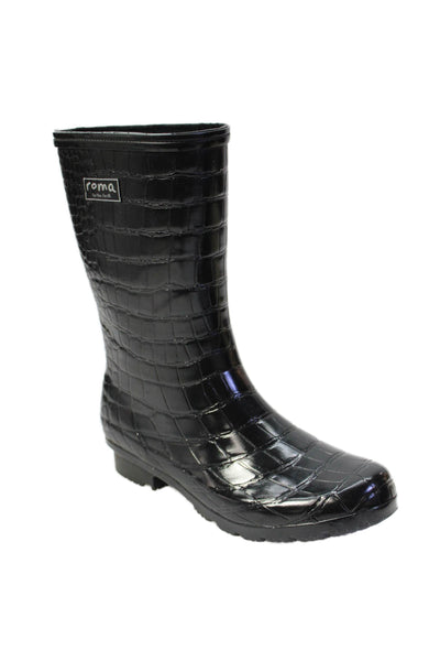 Roma Womens Crocodile Print Pull On Rain Boots Black Size 9