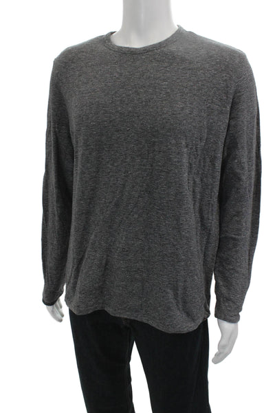 Faherty Men Long Sleeve Striped Crewneck Tee Dark Gray Cotton Size L