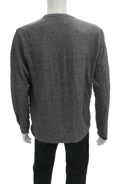 Faherty Men Long Sleeve Striped Crewneck Tee Dark Gray Cotton Size L