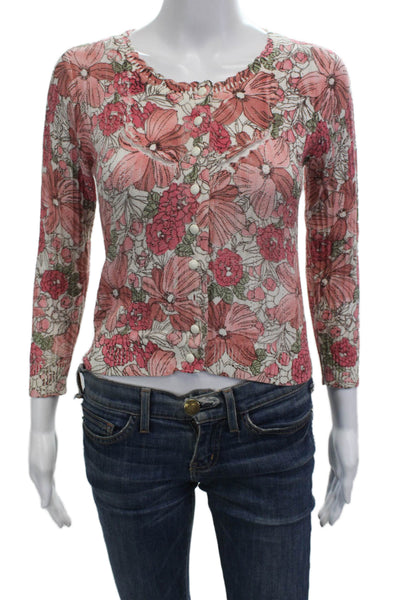 Charlotte Ronson Women Cropped Pink Floral Button Up Sweater 3/4 Sleeve Size M