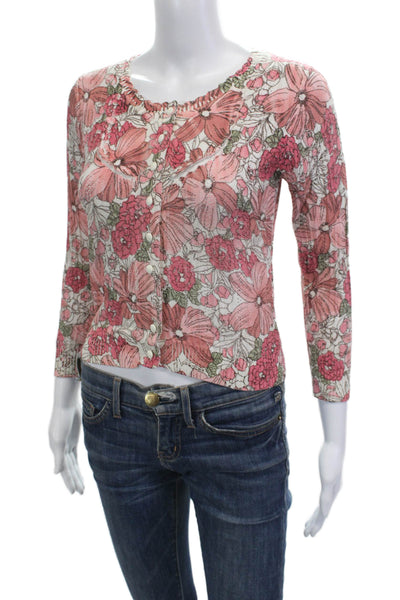 Charlotte Ronson Women Cropped Pink Floral Button Up Sweater 3/4 Sleeve Size M