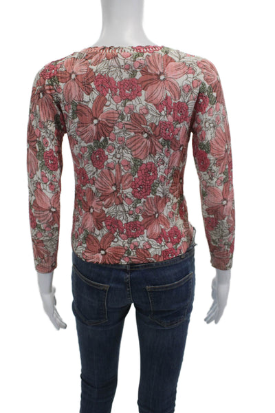 Charlotte Ronson Women Cropped Pink Floral Button Up Sweater 3/4 Sleeve Size M