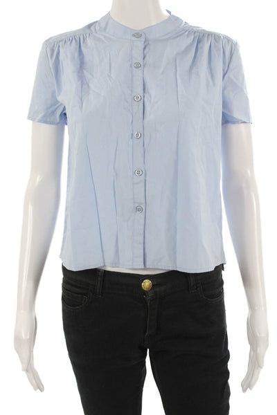 Kule Women Light Blue Cotton Mock Neck Short Sleeve Button Up Blouse Size XS