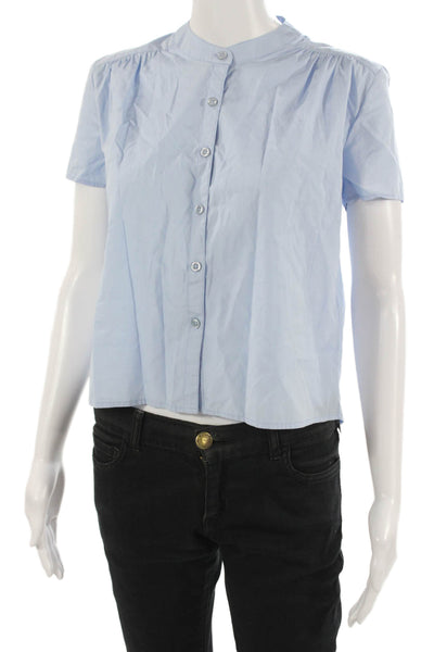 Kule Women Light Blue Cotton Mock Neck Short Sleeve Button Up Blouse Size XS