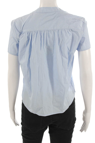Kule Women Light Blue Cotton Mock Neck Short Sleeve Button Up Blouse Size XS