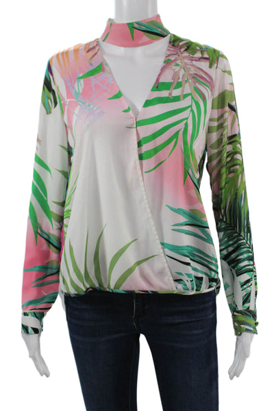 Michelle Mason Womens Floral Mock Neck Long Sleeve Blouse Green Size 2