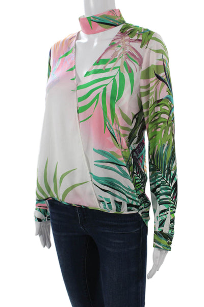 Michelle Mason Womens Floral Mock Neck Long Sleeve Blouse Green Size 2