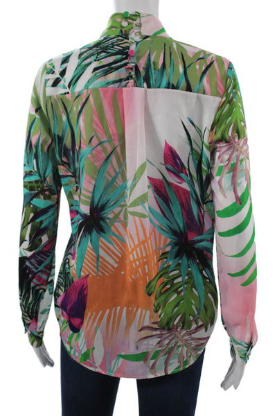 Michelle Mason Womens Floral Mock Neck Long Sleeve Blouse Green Size 2