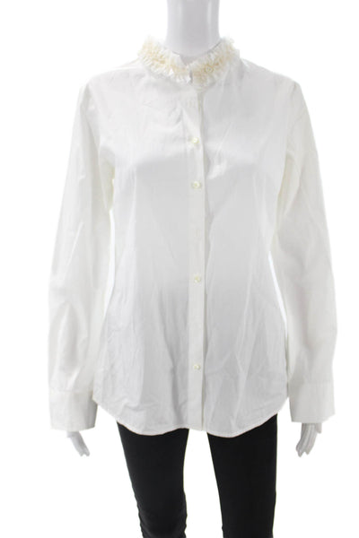 J Crew Women High Neck White Cotton Button-Up Long Sleeve Top Size M