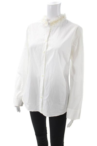 J Crew Women High Neck White Cotton Button-Up Long Sleeve Top Size M