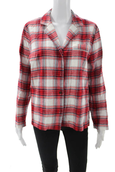 Eberjey Women Plaid Collared Long Sleeve Button-Up Red Cotton Petite Size XS