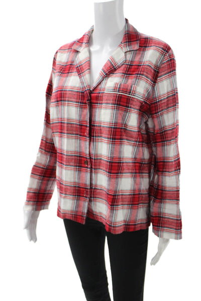 Eberjey Women Plaid Collared Long Sleeve Button-Up Red Cotton Petite Size XS