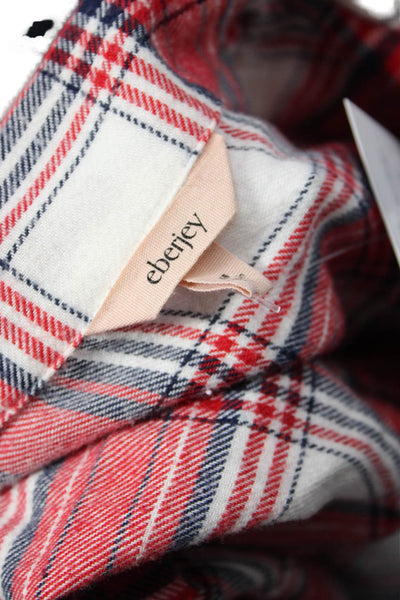 Eberjey Women Plaid Collared Long Sleeve Button-Up Red Cotton Petite Size XS