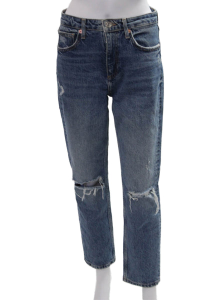 Zara Womens Boyfriend Cropped Dark Blue High Rise Jeans Size 4